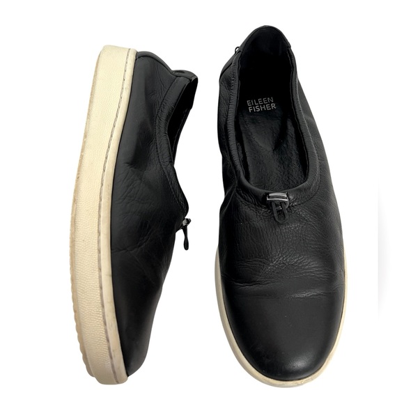 Eileen Fisher Sydney Sneaker Black Leather Athleisure Adjustable Sneaker Loafer - Picture 3 of 8